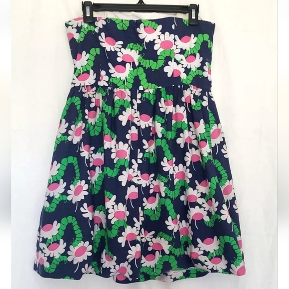 Lilly Pulitzer Lottie Navy Yum Yum Floral Vintage Slub Strapless Dress US 10 - Picture 4 of 8
